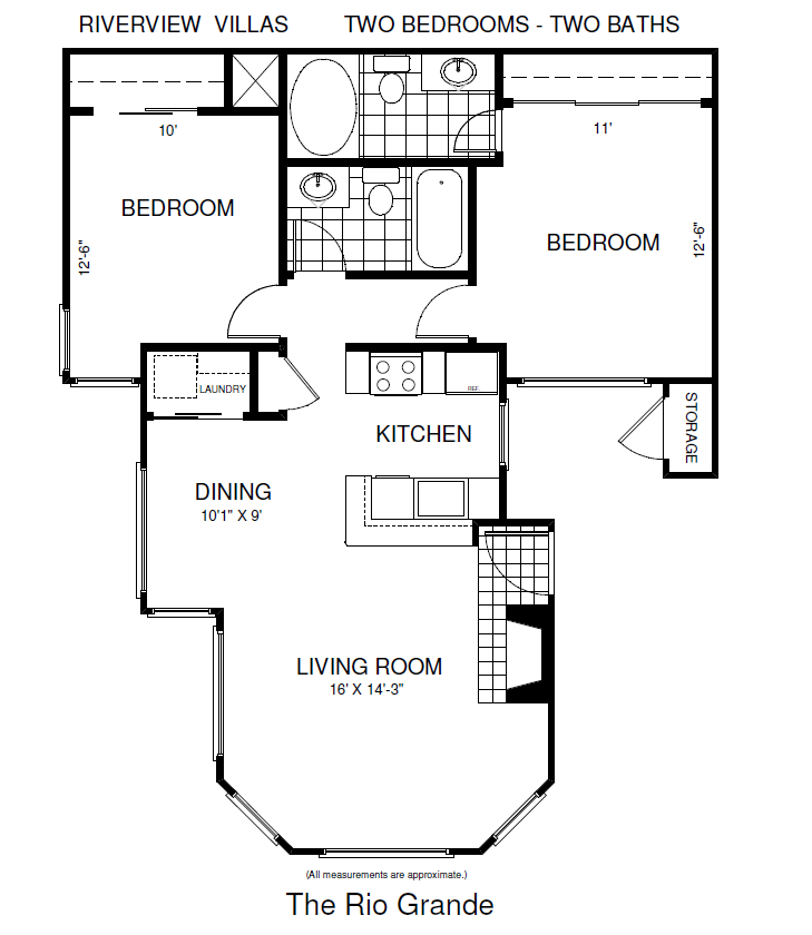 Floor plan for 2 beds, 2 baths, 895 sqft